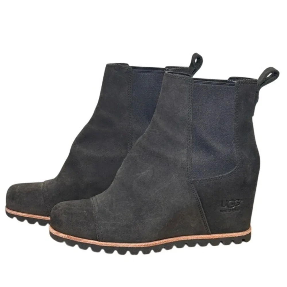 UGG Hidden Wedge Womens 7‎ Ankle Boots Black Suede Slip On